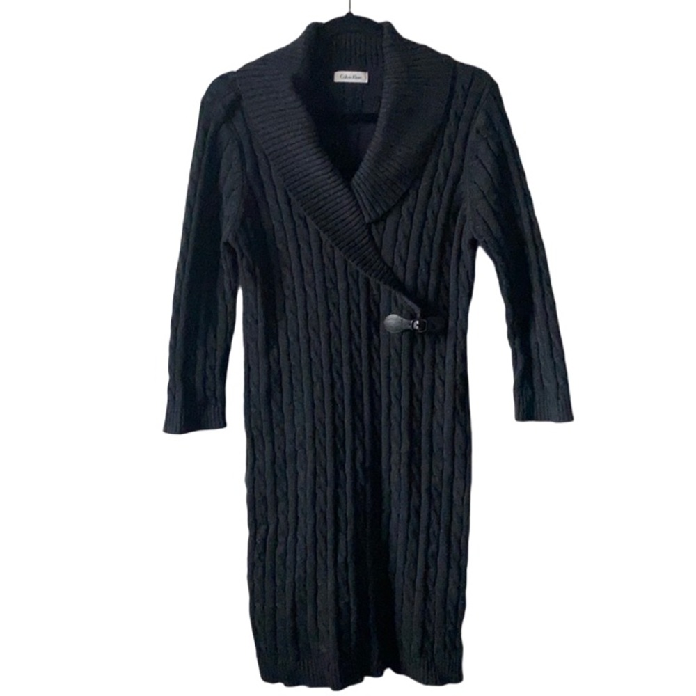Calvin Klein charcoal grey 3/4 sleeve cable knit wrap sweater dress size Large